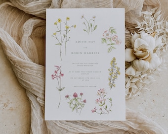 Botanical Floral Wildflower Wedding Invitation l Watercolour Illustrations l May June Wedding