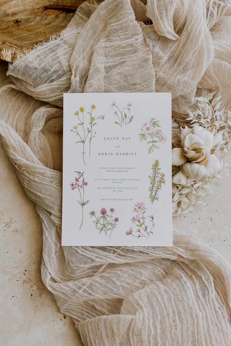 Botanical Floral Wildflower Wedding Invitation l Watercolour Illustrations l May June Wedding image 1