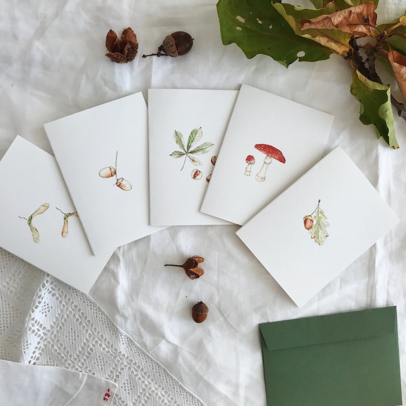 Autumn Seasonal Mini Greetings Card Set, with Botanical Woodland Illustrations. Waldorf steiner home school resources Autumn Fall image 1
