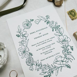 Floral Letterpress Botanical Wedding Invitation, White and Green simple wildflowers SAMPLE. image 4