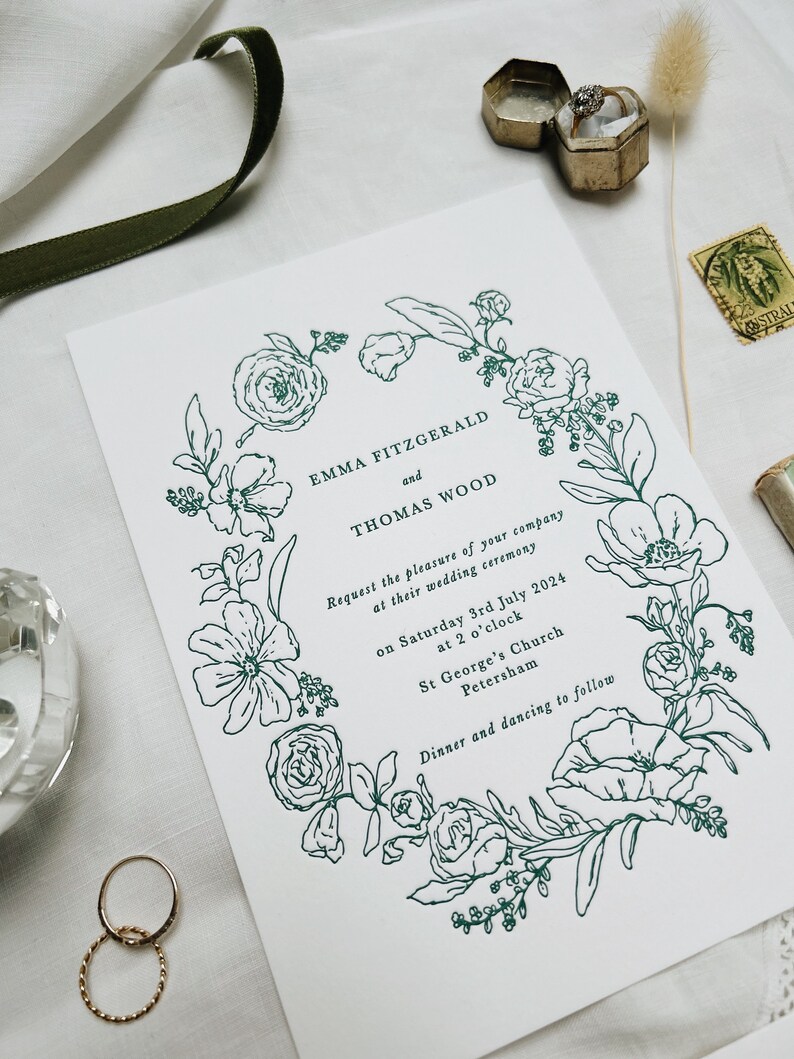 Floral Letterpress Botanical Wedding Invitation, White and Green simple wildflowers SAMPLE. image 4