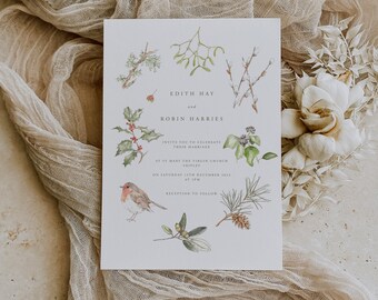 Invitación de boda botánica de invierno l Navidad l Naturaleza Bosque Campo Acuarela Ilustraciones l Noviembre Diciembre