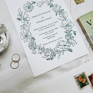 Floral Letterpress Botanical Wedding Invitation, White and Green simple wildflowers SAMPLE. image 3