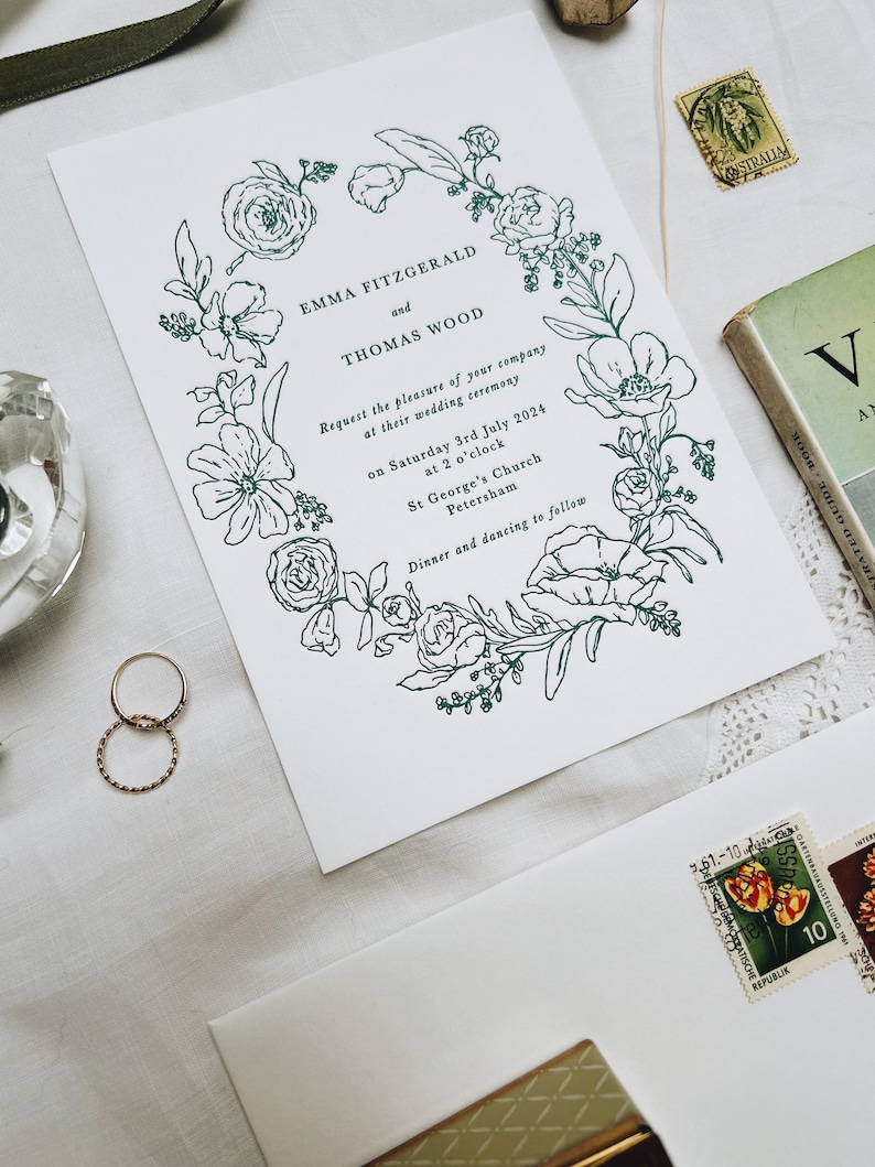 Floral Letterpress Botanical Wedding Invitation, White and Green simple wildflowers SAMPLE. image 3