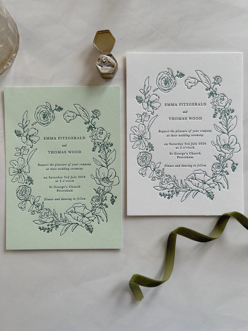 Floral Letterpress Botanical Wedding Invitation, White and Green simple wildflowers SAMPLE. image 1