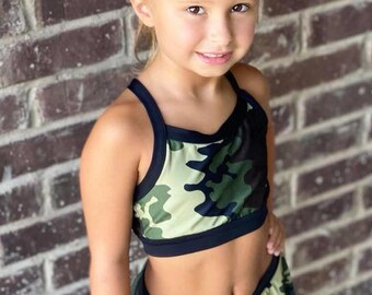 NEW!!  Green woodland camo print cross back crop top with brief skirt set