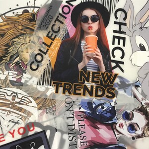 May include: A collage of colorful images featuring a lion, a woman with sunglasses drinking from a cup, a cartoon rabbit, and a woman with sunglasses wearing a pink shirt and blue jeans. The text "NEW TRENDS" is in bold, black letters. The text "COLLECTION 2020 SPRING/SUMMER" is in white letters on a pink background. The text "CHECK" is in black letters on a white background. The text "LIVE FAST" is in white letters on a black background. The text "LOVE YOU" is in red letters on a white background. The text "PLEASE DON'T DIST" is in black letters on a white background.