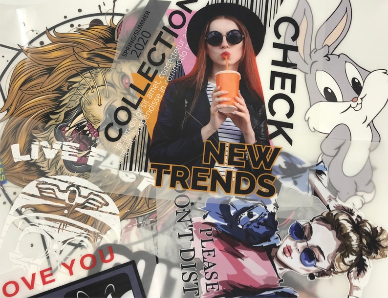 May include: A collage of colorful images featuring a lion, a woman with sunglasses drinking from a cup, a cartoon rabbit, and a woman with sunglasses wearing a pink shirt and blue jeans. The text "NEW TRENDS" is in bold, black letters. The text "COLLECTION 2020 SPRING/SUMMER" is in white letters on a pink background. The text "CHECK" is in black letters on a white background. The text "LIVE FAST" is in white letters on a black background. The text "LOVE YOU" is in red letters on a white background. The text "PLEASE DON'T DIST" is in black letters on a white background.