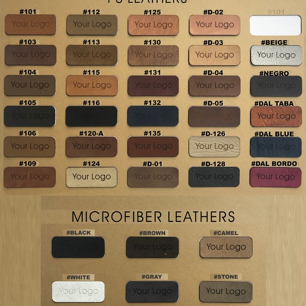 45pcs. Custom Logo PU Leather, Microfiber & Bamboo Label