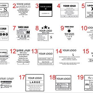 May include: A collection of 19 black and white clothing labels with various sizes, care instructions, and logos. The labels include text such as "Made in USA", "100% Cotton", "Machine Wash Cold", and "Tumble Dry Low".