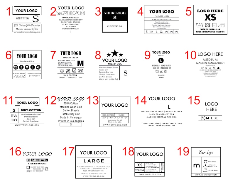 May include: A collection of 19 black and white clothing labels with various sizes, care instructions, and logos. The labels include text such as "Made in USA", "100% Cotton", "Machine Wash Cold", and "Tumble Dry Low".