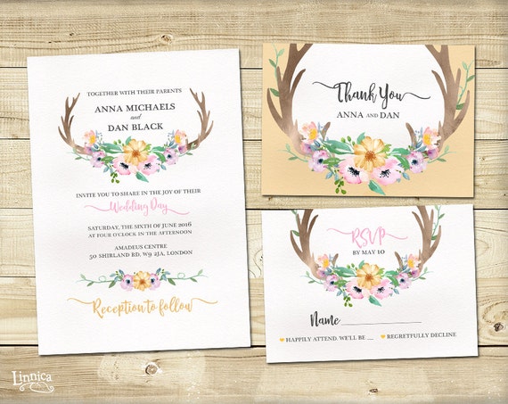 Floral Pink Yellow Wedding Invitation Rustic Watercolour Etsy