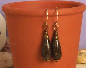 Natural Bronzite Teardrops & Brass Bell Bead Caps Earrings