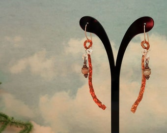 Autumn Jasper, Silver and Hammered Copper Dangle Earrings on 14K Rose Gold Filled Hand-crafted Ear Wires