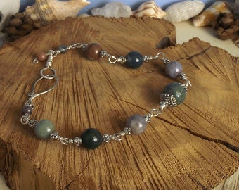 Fancy Jasper Beads are Wire Wrapped in 925 Sterling Silver with a Hook & Eye Closure, Jasper Bracelet