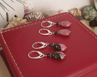 Rhodonite & Garnet Nugget Beads are Wire Wrapped on 925 Sterling Silver Lever back Ear Wires