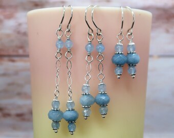 Natural Aquamarine Beads & 925 Sterling-Argentium Silver Dangle in 3 Drop Lengths