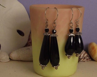 Black Onyx Teardrops in Long Elegant Dangles are Bold Statement Earrings in 925 Sterling Silver Handcrafted Ear Wires