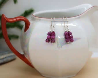 Ruby Faceted Cube Beads & Argentium Silver Beads Dangle on Handcrafted Argentium Silver Ear Wires