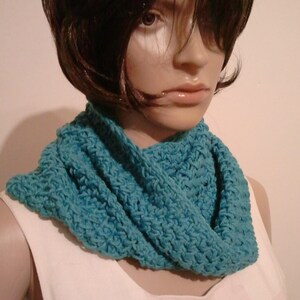 Tunisian crocheted Möbius scarf in a light blue image 2