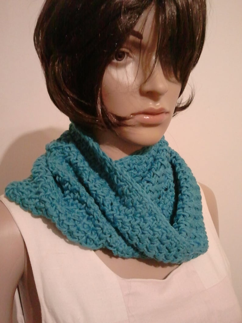 Tunisian crocheted Möbius scarf in a light blue image 2