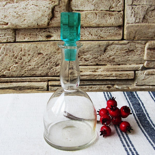 Vintage Glass Bottle with Blue Stopper Decanter Carafe Retro Home Decor Collectible Glass Decanting Rustic Old Bottle Blue Glass