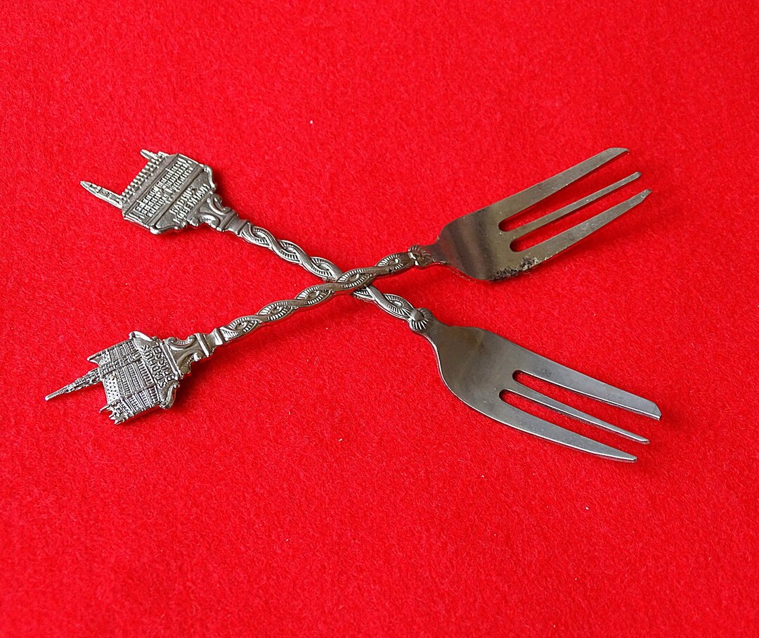 Vintage Dessert Fork Set of 2 Collectible Forks Cities Ornate Small