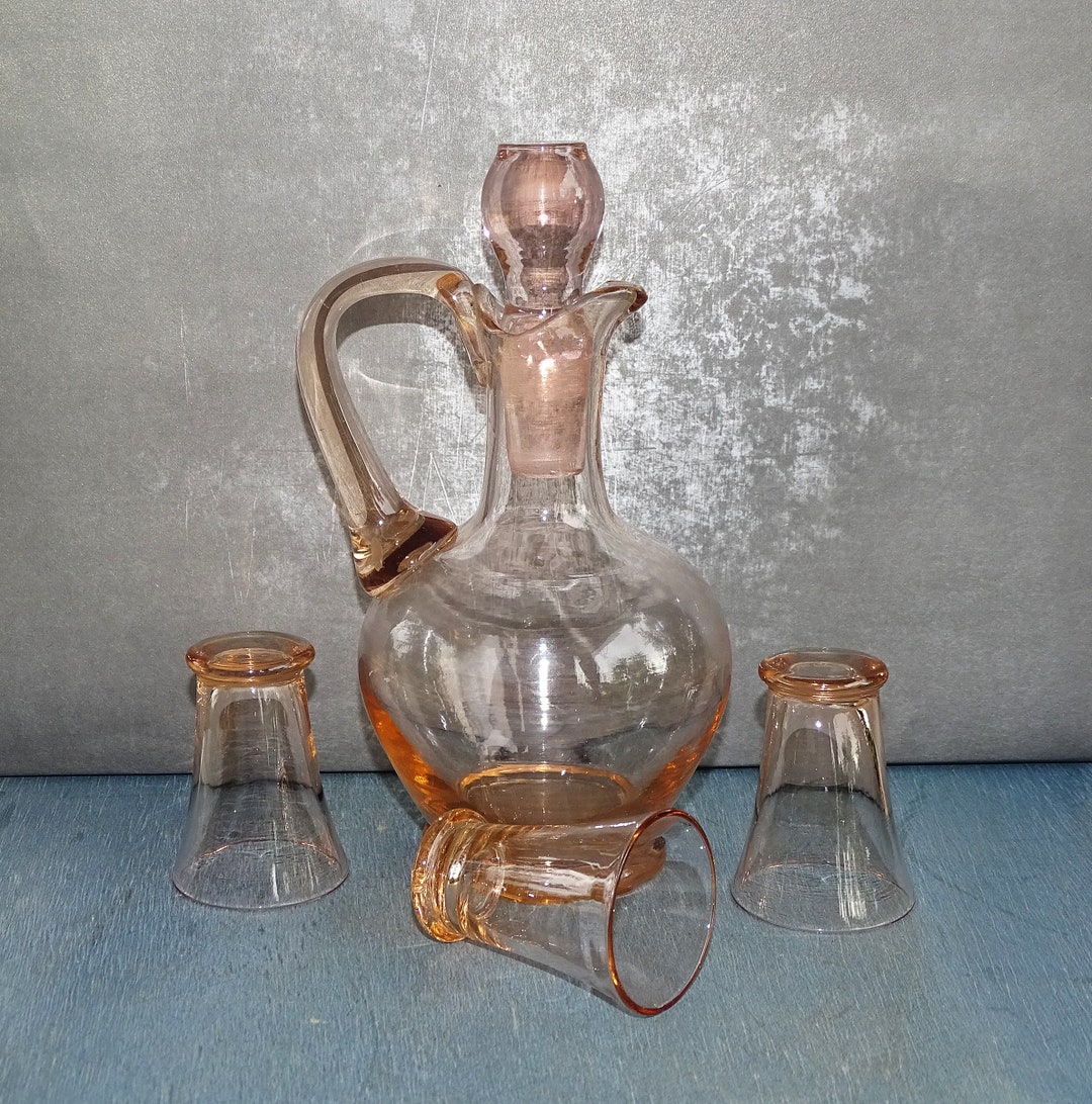 Vintage Pink Glass Decanter With Glasses,vintage Drinking Set,liqueur