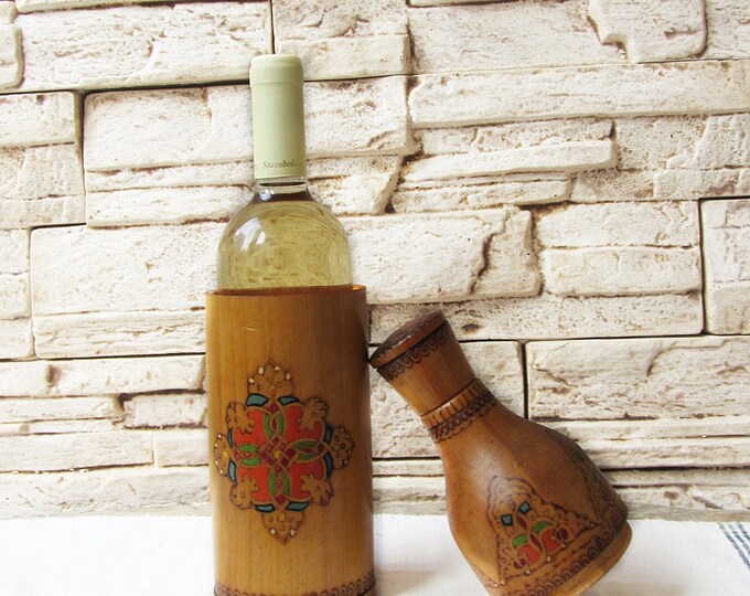 Unique Vintage Wooden Wine Bottle Holder Hand Made and Hand Painted Decorative Wooden Bottle