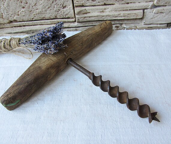 Vintage Auger Hand Drill Primitive Wooden Tools Antique 