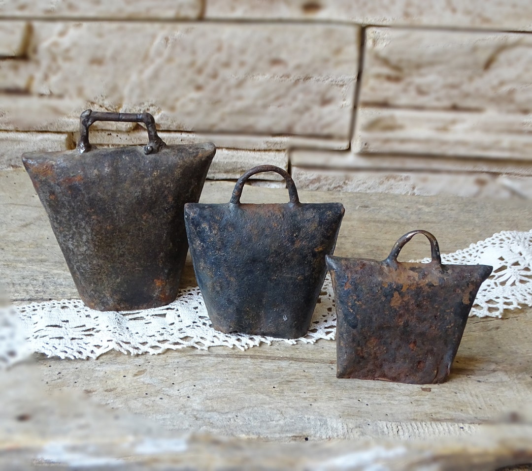 Square Rusted Cowbell Antique Cow Bell Set of 3 Different Sizes, Primitive Animal Bells, Hand ...