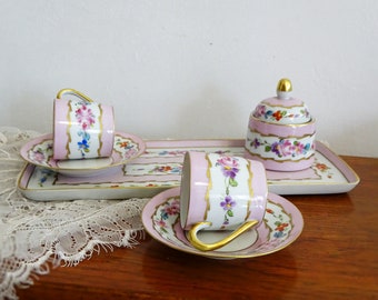 Vintage LIMOGES coffe set with tray, Hand painted porcelain, Cups with flowers, Collectible porcelain, Limoges signed by the artist