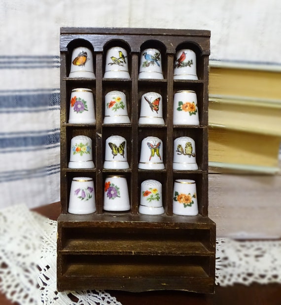 Vintage Thimbles Collection in Wooden Box, Vintage Porcelain