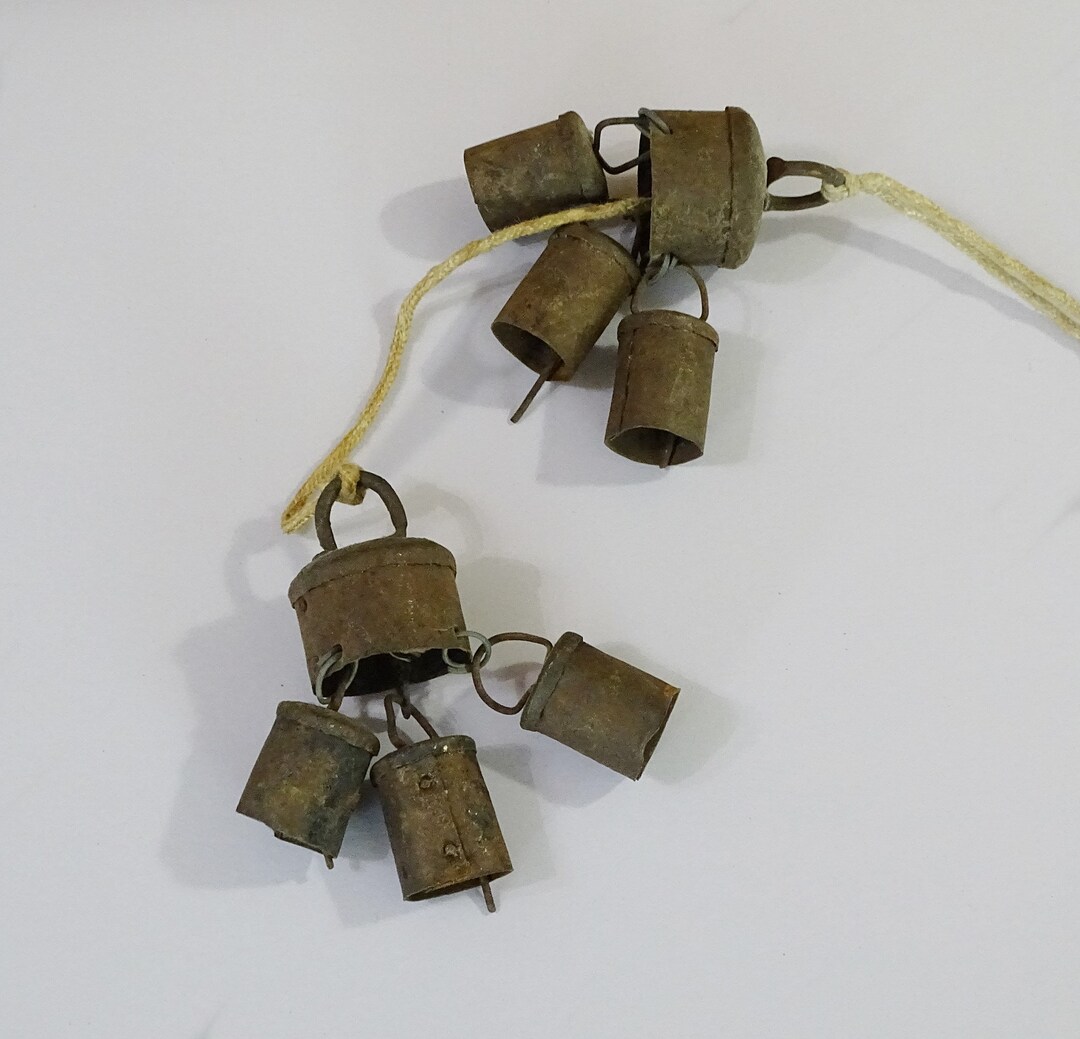 Square Rusted Cowbell Primitive Antique Cow Bells Set of 8 With Rope, Handmade Rust Metal Cow ...