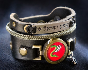 IDF - ZAHAL - イスラエル軍空挺旅団ブレスレット、シェマ・イスラエル（ユダヤ教ヘブライ語）の碑文とダビデの星