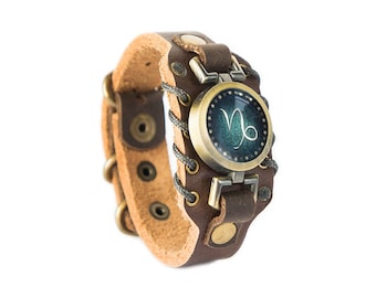 Wide Leather Buckle Cuff - Men's Capricorn Bracelet - Capricorn Boyfriend Gift - Zodiac Horoscope Wristband