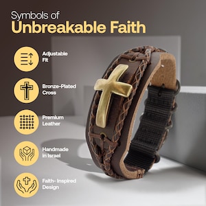 May include: A brown leather bracelet with a bronze-plated cross. The bracelet features a braided design and a black adjustable strap. The text "Symbols of Unbreakable Faith" is at the top of the image.