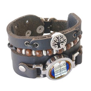 Men's Tree of Life Bracelet - Adjustable Black Leather bracelet with Tree of Life and Ten Commandments in Hebrew Alphabet