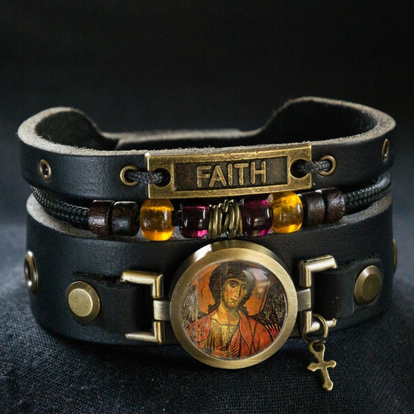 Saint Michael Bracelet / St Michael Wristband / Archangel Michael Leather Cuff Bracelet - Archangel Patron Saint Religious Gift for Men