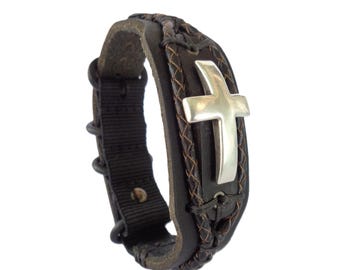 Men's Adjustable Leather Christian Cross Bracelet in Handmade Tribal Style