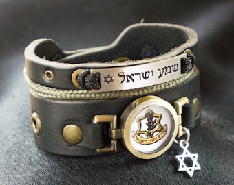 IDF（イスラエル国防軍）シンボルロゴとダビデの星チャーム付き、3層の厚手ブラックシェマイスラエルブレスレット