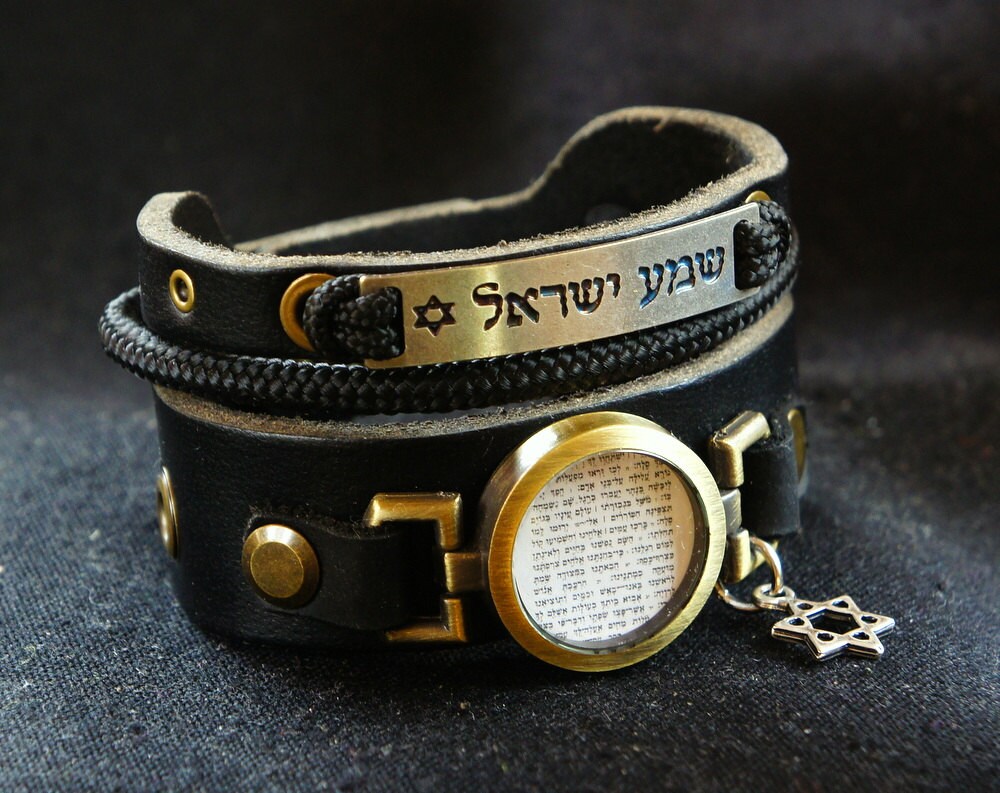 Hebrew Jewish Scripture Bracelet Leather Black Cuff Etsy
