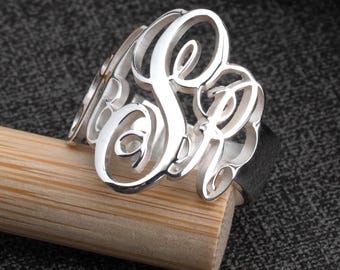 Grosse bague monogramme trois initiales, argent sterling 925 - Cadeau bijoux personnalisés pour elle