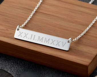 Collier barre de chiffres romains personnalisé, argent sterling - Cadeau bijoux personnalisés