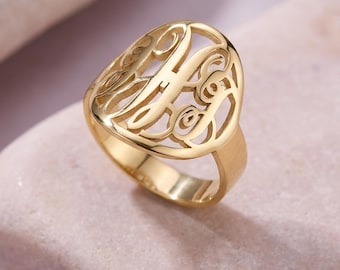 Circle Monogram Signet Ring, Sterling Silver - Personalized Initial Jewelry - Anniversary Gift for Her