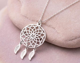 Dreamcatcher Initial Necklace, Sterling Silver Feather Charms - Boho Jewelry Gift for Her