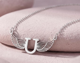 Collana con iniziale a forma di ali d'angelo, in argento sterling - Ciondolo con lettera personalizzata - Regalo per lei