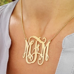 May include: A gold-colored monogram necklace with the initials NFM. The pendant is connected to a delicate chain. The necklace is worn against a light gray shirt.