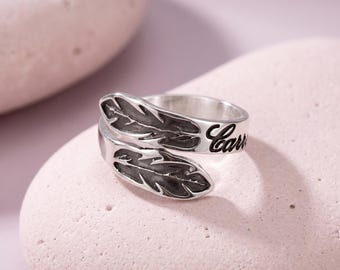 Personalized Feather Name Ring, Sterling Silver - Boho Adjustable Open Band - Gift for Her
