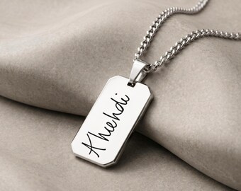 Mens Dog Tag Necklace, Sterling Silver - Personalized Actual Handwriting - Keepsake Gift for Him